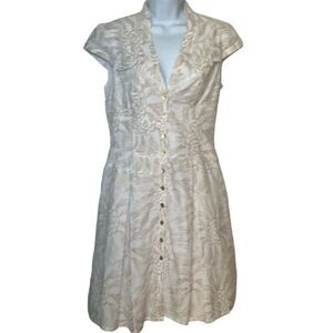 Kay Unger 100% Cotton Cap Sleeve White Gold Midi Summer Romantic Dress Sz 6